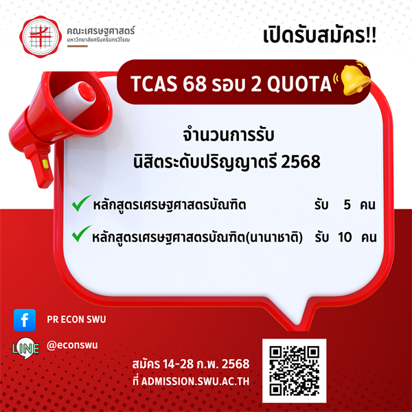 เปิดรับสมัคร TCAS 68 รอบ 2 Quota จำนวนการรับนิสิตระดับปริญญาตรี 2568 หลักสูตรเศรษฐศาสตรบัณฑิตรับ 5 คน หลักสูตรเศรษฐศาสตรบัณฑิต (นานาชาติ) รับ 10 คน สมัคร 14-28 ก.พ. 68