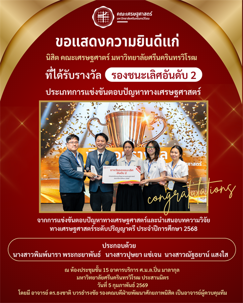 ขอแสดงความยินดีแก่ นิสิต คณะเศรษฐศาตร์ มหาวิทยาลัยศรีนครินทรวิโรฒ ที่ได้รับรางวัลรองชนะเลิศอันดับ 2  ประเภทการแข่งขันตอบปัญหาทางเศรษฐศาสตร์