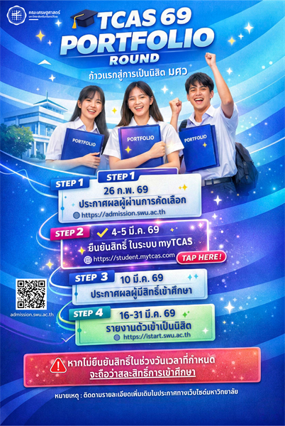 TCAS 69 รอบ Portfolio ถึงน้อง ๆ ที่สมัครรอบ Portfolio เตรียมตัวให้พร้อม! ก้าวแรกสู่รั้ว มศว กำลังจะเริ่มขึ้นแล้ว อย่าลืมเช็กผล ยืนยันสิทธิ์ และรายงานตัวให้ครบทุกขั้นตอน