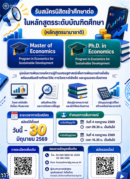 คณะเศรษฐศาสตร์ รับสมัครนิสิตเข้าศึกษาต่อในหลักสูตรระดับบัณฑิตศึกษา (หลักสูตรนานาชาติ)   Master of Economics Program in Economics for Sustainable Development  Ph.D.