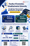 Faculty of Economics, Srinakharinwirot University starts applicants to apply for the following graduate programs (International Program): 🎓 Master of Economics Program