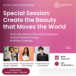 ขอเชิญผู้ที่สนใจเข้าร่วม Special Session: Create the Beauty that Moves the World (ในรายวิชา ECC474 Creative Economy) วันจันทร์ที่ 19 สิงหาคม 2567 เวลา 16.30-18.30 น.