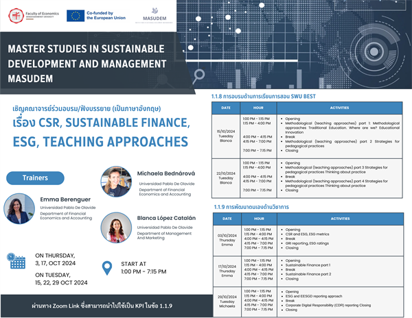 เชิญคณาจารย์ร่วมอบรม/ฟังบรรยาย (เป็นภาษาอังกฤษ) ในหัวข้อเรื่อง CSR, SUSTAINABLE FINANCE, ESG, TEACHING APPROACHES