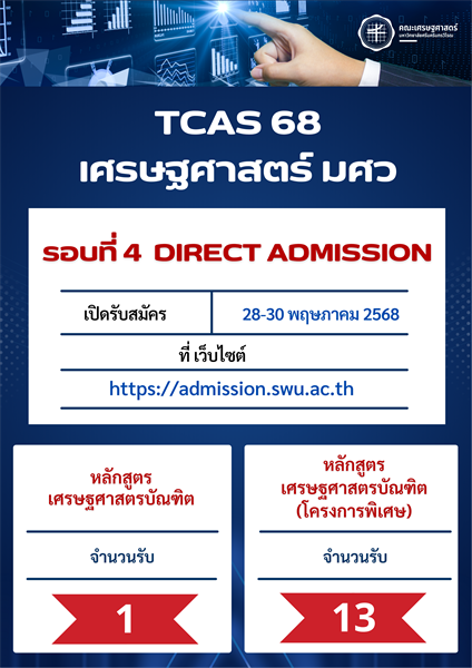 คณะเศรษฐศาสตร์ มศว  เปิดรับสมัคร TCAS68 รอบ 4 (Direct Admission) แล้ว! สมัครได้ตั้งแต่ 28 – 30 พฤษภาคม 2568 (ปิดรับสมัครเวลา 15.00 น.)